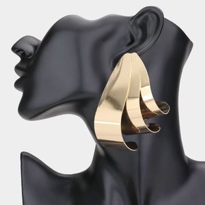 Abstract Gold 2.75" Geometric Dangle Statement Earrings Curved Metal Jewelry